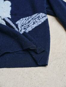 Anewsta Women's Knitted Pullover Jacquard Floral Embroidered Beaded Sweater Top - Navy Blue - View 8