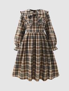 Tween Girl Tween Girls Long Sleeve Plaid Cinched Waist Bow Exaggerated Collar Long Dress Autumn/Winter - Khaki - View 7