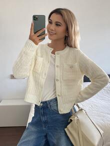 Livesso Women's White Round Neck Button Cable Knit Long Sleeve Slim Fit Ribbed Cardigan Sweater, Winter - White - View 4