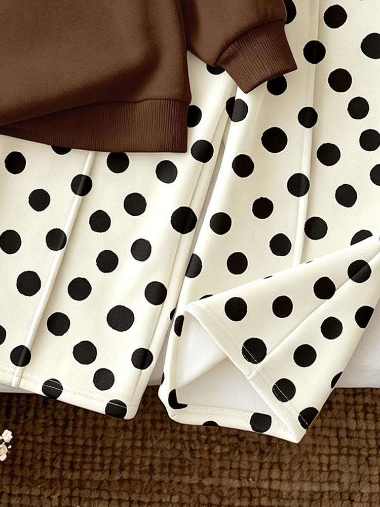 Young Girl Casual Retro Graffiti Sweet Puppy Colorblock Polka Dot Pattern, Loose Drop Shoulder Long Sleeve Sweatshirt & Pleated Wide Leg Sweatpants Set, Korean Style, Easy & Comfortable, Fashionable Kids Wear, Y2K, Kawaii, Party, Daily, Vacation, Cute, Comfortable, - Multicolor - View 11