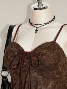 SHEIN ICON Plus Size Drawstring Bow Tie Cami Tank Top, Asymmetrical Hem, Y2K Style, Suitable For Summer, Graduation Season, Back To School - Brown - View 5