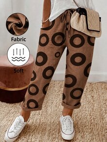 Breezaya Celana Panjang Wanita Ukuran Besar Motif Bulat dengan Pinggang Ramping, Musim Gugur/Dingin - Rust Brown - View 4