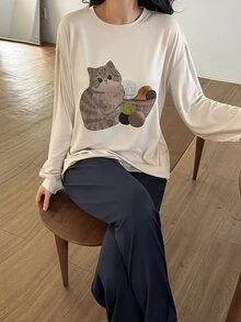 DAZY Cute Cat Pattern Loose Long Sleeve T-Shirt & Solid Straight Leg Long Pajama Pants 2pcs Set Women's Sleepwear - Multicolor - View 5