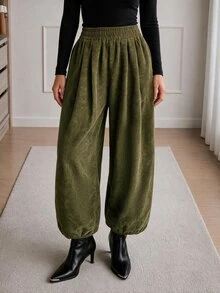 Easowa Women's Fall Winter Elastic High Waist Loose Long Pants Hiking Everyday Olive Green Casual - Army Green - View 2