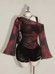 SHEIN ICON 女款大尺碼紮染圖案單肩長袖時尚上衣 - 酒紅色 - 查看 6