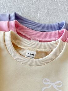SHEIN Playful Pals 3套幼兒女童運動衫長褲套裝，可愛甜美粉色薰衣草黃色蝴蝶結側條紋長袖圓領常規款，適合戶外秋季慢跑舒適運動 - 彩色 - 查看 4
