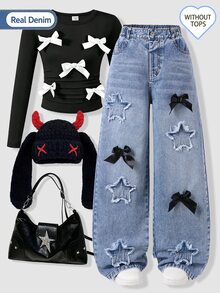 Girls' Autumn Star Patch & Bow Decor Wide Leg Denim Jeans, Light Blue Washed Frayed Hem, Sweet Cool Personalized Loose Long Pants For School And Outings - Light Wash - View 1