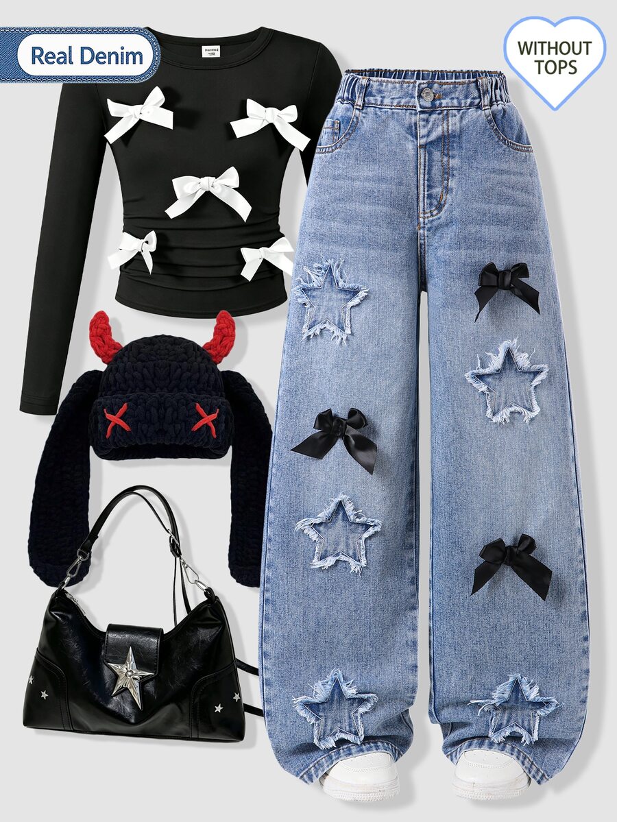Girls' Autumn Star Patch & Bow Decor Wide Leg Denim Jeans, Light Blue Washed Frayed Hem, Sweet Cool Personalized Loose Long Pants For School And Outings - Light Wash - View 1