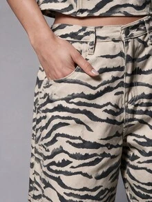 Hauture Quần jean denim ống rộng suông kẻ sọc thời trang nữ - Đen và trắng - Xem 2