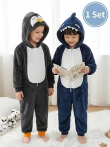 Boys Grey & White Double-Sided Flannel Colorblock Penguin Embroidered Long Sleeve Long Hooded Fleece Jumpsuit Loungewear Set - Dark Grey - View 8
