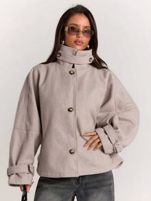 SHEIN BAE Women's Elegant High Neck Button Long Sleeve Overcoat - Brown - View 6