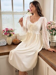 Snug Reverie French Lace Jacquard Long Sleeve Fresh Square Neck Embroidered Lace Trim Bow Mid-Length Women's Nightgown - Apricot - View 1