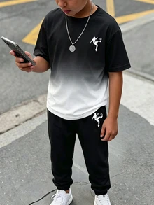 青少年男孩休閒簡約短袖圓領T恤與長褲套裝，適合夏季 - 彩色 - 查看 3