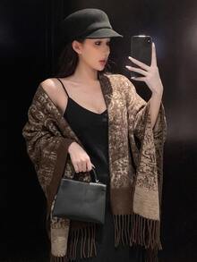 Joudiya Autumn Commute Elegant Office Shawl Jacket With Tassel Decoration And Floral Pattern For Women, Wool - Brown - View 5