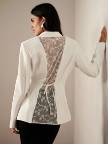 BELROSIE Women's Blazer Jacket Lace Slim Fit Cinched Waist, Large Back Lace Patchwork Design, Back Waist Tie Detail, V-Shaped Open Back Cut, Elegant Lace Blaze - White - View 7