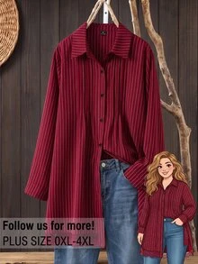 Rusticease Plus Size Red Button Front Lapel Collar Long Sleeve Blouse Elegant Casual Smart Office Working Fall Winter 2026 - Burgundy - View 1