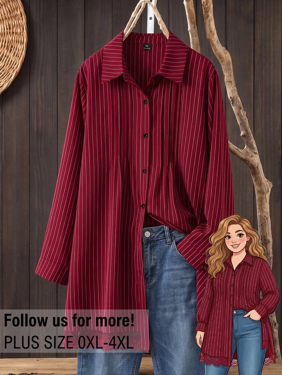 Rusticease Plus Size Red Button Front Lapel Collar Long Sleeve Blouse Elegant Casual Smart Office Working Fall Winter 2026 - Burgundy - View 1