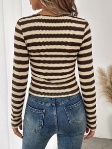 SHEIN LUNE 2026 秋冬女款白色與咖啡色方領抓皺紋理布料長袖修身打底 T 恤，秋季日常穿著 - 咖啡棕 - 查看 2