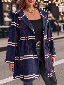 EMERY ROSE Plus Size Women Plaid Drawstring Waist Zip Up Casual Hooded Jacket,Winter Coat Women - Navy Blue - View 8