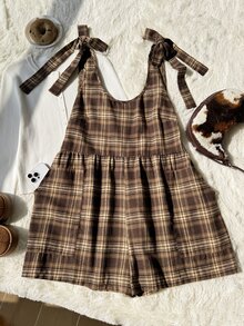 Comfortcana Plus Size Autumn Outerwear Brushed Khaki Vintage Plaid Overalls - Brown - View 3