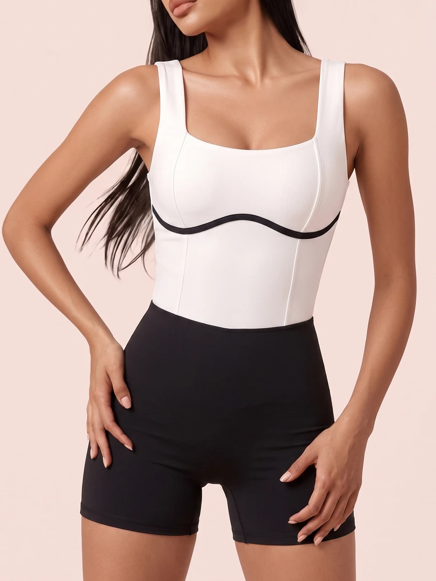 SHEIN BAE Women's Colorblock Casual Daily Outdoor Sports Romper - Black and White - View 1