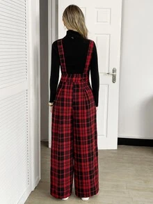 Elyressa Women's Autumn Plaid Wide Leg Loose Casual Overalls - Red - View 2