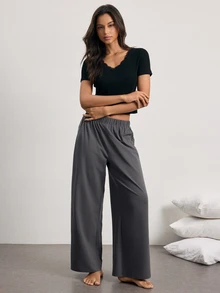 Ocili Women's Casual Loose Lace Patchwork Straight Leg Lounge Pants - Green - View 6
