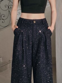 Anewsta Women's Autumn/Winter Modern Versatile Commute Metallic Thread Tweed High Waist Metal Buckle Draped Wide Leg Pants - Navy Blue - View 2