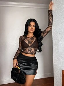SHEIN SXY 女款蕾絲圓領長袖修身性感上衣 - 棕色 - 查看 6