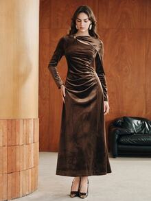 Anewsta Women's New Velvet Long Sleeve Dress With Front Metal Decorative Buckle Hollow Design, Ruched Waist And A-Line Long Skirt - Coffee Brown - View 4