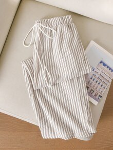 CosyJoli 大尺碼女款休閒條紋腰綁帶寬腿鬆身長褲 度假褲 秋冬休閒 感恩節與聖誕節長褲 - 摩卡棕 - 查看 4