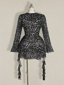 SHEIN ICON Women's Plus Size Leopard Print Ruffle Hem Dress Fall - Grey - View 2