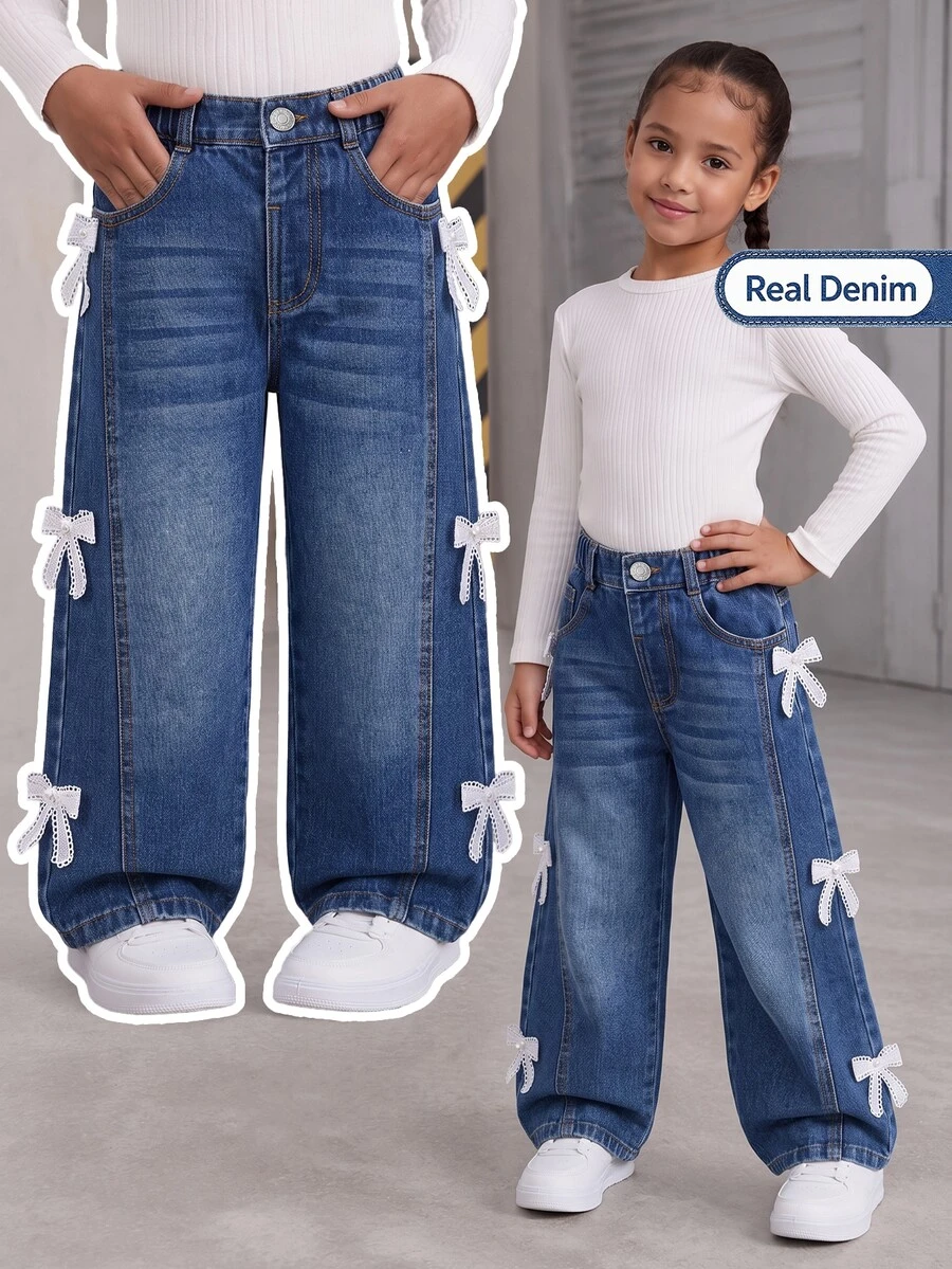 SHEIN Young Girl Lace Bow Detail Bleach Wash Wide Leg Jeans - Dark Wash - View 1