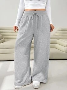 Solflare Plus Size Women's Drawstring Waist Pocket Loose Straight Leg Pants - Grey - View 3