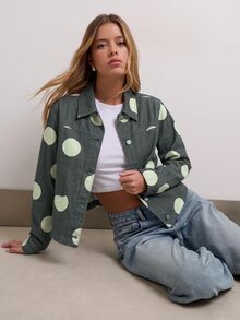 Nöista 女款時尚休閒波點印花丹寧夾克，翻領領口 - 綠色 - 查看 4