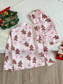 Teen Girl Christmas Gingerbread Man Print PJ Set - Pink - View 2