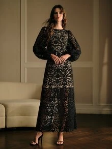 MOTF PREMIUM GAUN PANJANG WANITA RENDA LARUT AIR YANG ELEGAN - Hitam - View 5