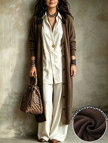 Ceyna كارديجان محبوك طويل بلون القهوة السادة للنساء ذوات الأحجام الكبيرة، كارديجان محبوك بأكمام طويلة وأزرار أمامية فضفاضة للربيع/الخريف/الشتاء، ملابس خارجية بطول ممتد وتصميم منسدل مخفف، أسلوب كاجوال متعدد الاستخدامات محبوك سادة بأسلوب بسيط مريح، مناسب للخروجات اليومية/العطلات/التنقل اليومي - قهوة بني - مشاهدة 2