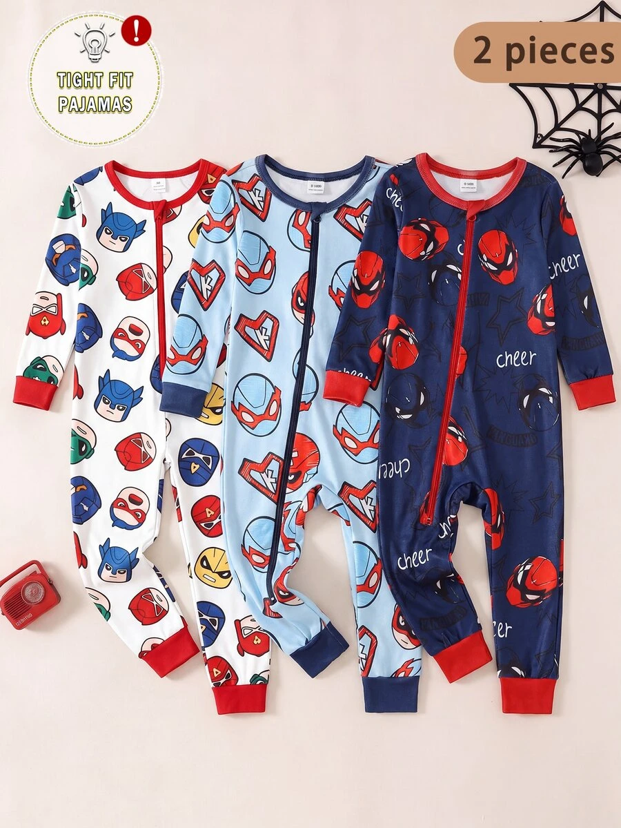 SHEIN Print Spring/Summer Baby Boy Long Sleeve Knit High Elasticity Fitted 2-Piece Set Jumpsuit, Comfortable For Home And Outings - Multicolor - View 1