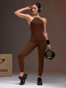 Powerista Women's Backless Halter Colorblock Fitted Sports Jumpsuit - Brown - View 6