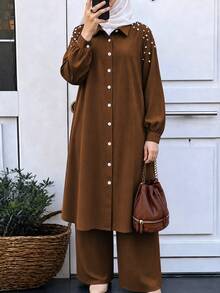 Lacomfia Setelan 2 Potong Kasual Minimalis Warna Polos dengan Hiasan Manik-manik, Kemeja Lengan Panjang Pas Badan dan Celana Panjang Kaki Lebar Pinggang Elastis Warna Polos untuk Musim Semi dan Gugur Ukuran Besar - Chocolate Brown - View 3