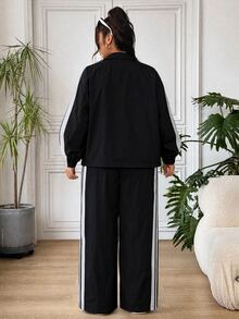 SHEIN EZwear 大尺碼女款對比色長袖上衣與長褲休閒日常兩件套秋季 - 黑與白 - 查看 2