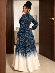 Maweii Gaun Ukuran Besar Motif Leopard Warna Blok dengan Leher Surplice untuk Musim Gugur - Biru - View 2