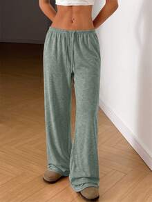 SHEIN EZwear 大尺碼秋季復古綠色寬鬆長褲 - Fresh Green - 查看 5