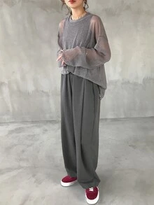 FRIFUL 女款藍色寬鬆圓領網紗上衣 透視層搭款 春夏 - 灰色 - 查看 2