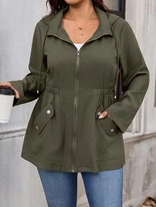 SHEIN Clasi Plus Size Zipper Button Pocket Long Sleeve Hooded Jacket - Army Green - View 5