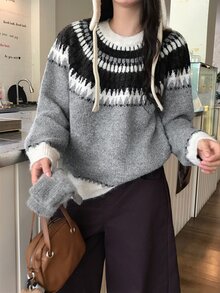 DAZY Women's Round Neck Contrast Color Autumn/Winter Korean Style Long Sleeve Sweater - Grey - View 3