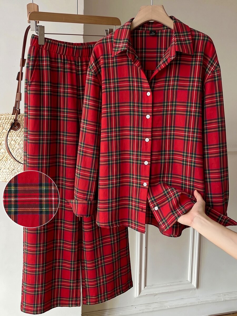 SHEIN EZwear 大尺碼女款格紋長袖單排扣襯衫與長褲休閒兩件套 秋季聖誕 - 彩色 - 查看 1
