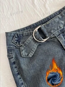 SHEIN PETITE Women's Casual Versatile Daily Wear Denim Flare Jeans - Dark Wash - View 4