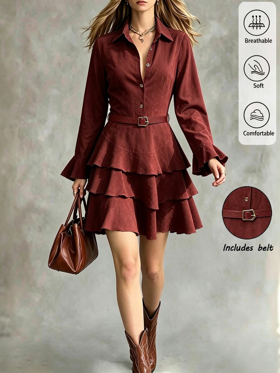 SHEIN Spring Coffee-Colored Long Sleeve Dress, Flared Sleeves With Multi-Layered Ruffle Hem And Waist Belt, Elegant Style, Suitable For Graduation, Christmas, Commuting, Vacation And Other Occasions. Women's Elegant Dress - Coffee - View 1
